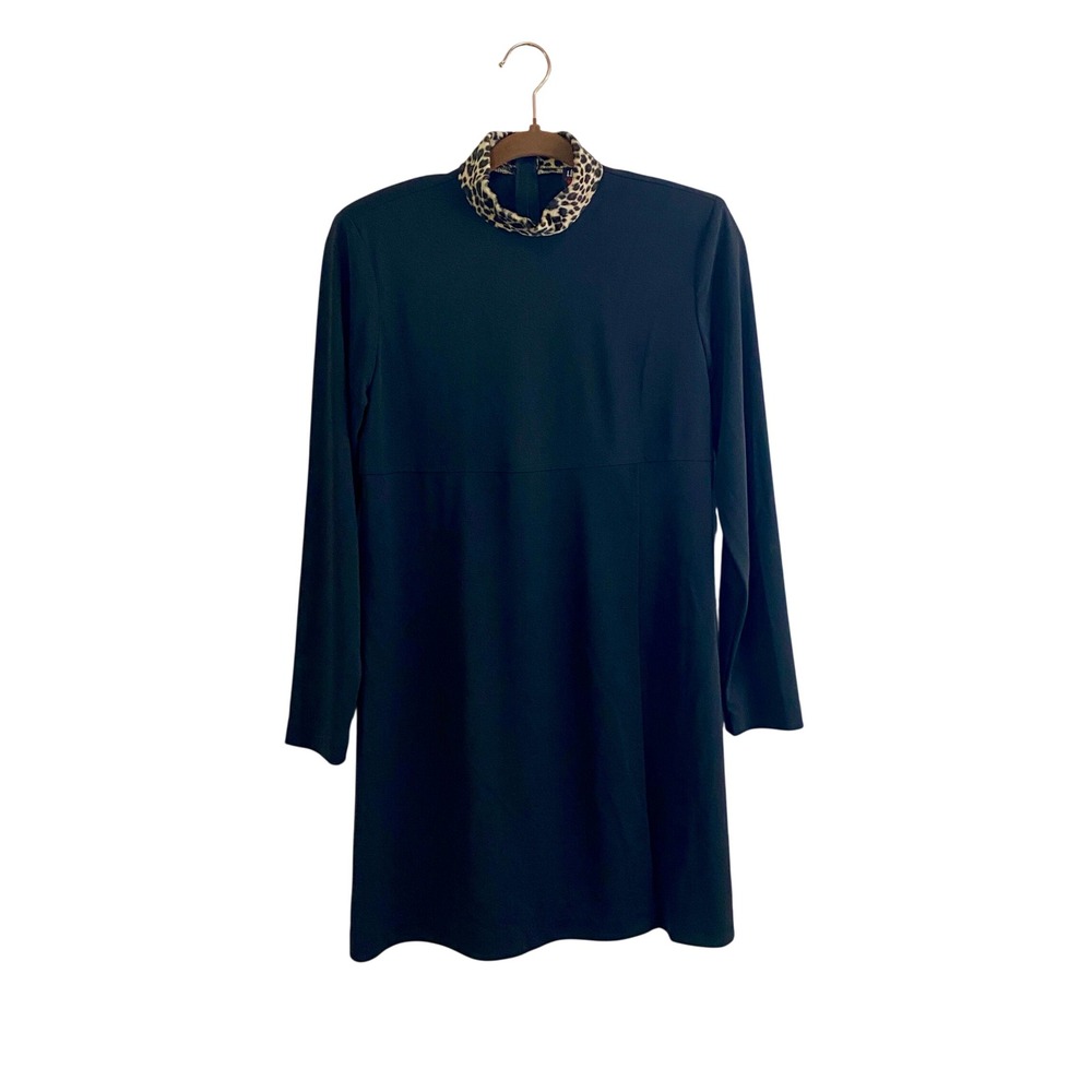 Vintage Helene Blake 90s Black Dress Leopard Faux‎ Fur Mock Neck Mini 3/4